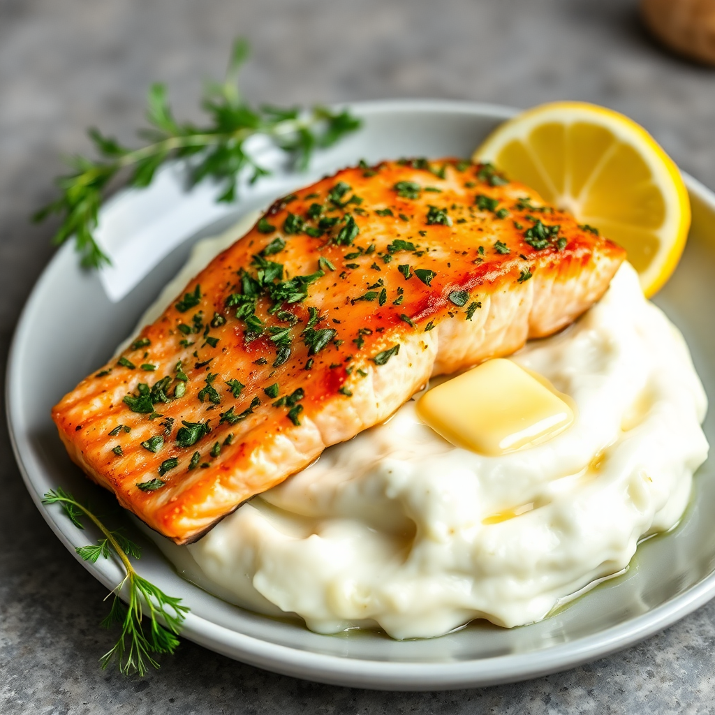 Herb-Crusted Salmon with Garlic Mashed Potatoes