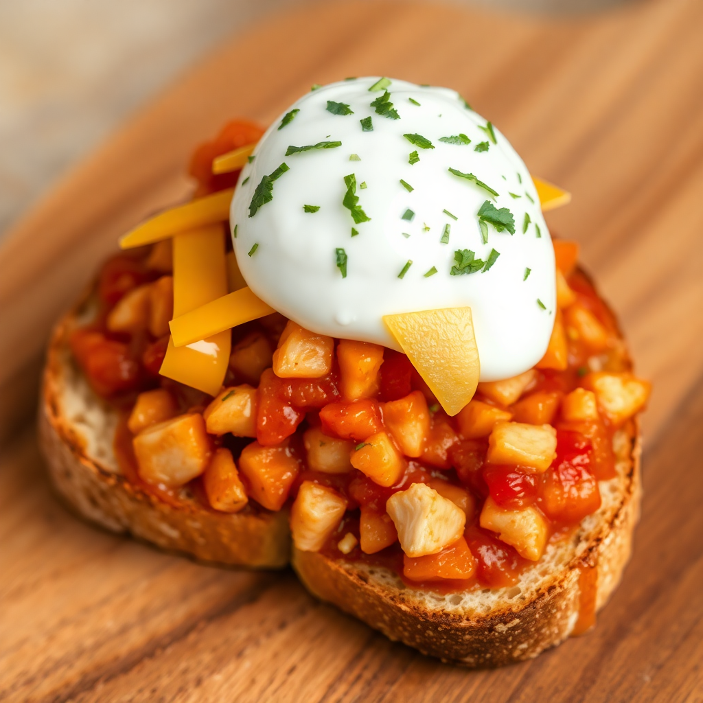 Hearty Chicken Cheddar Toast with Roasted Pepper Sauce and Herbed Yogurt