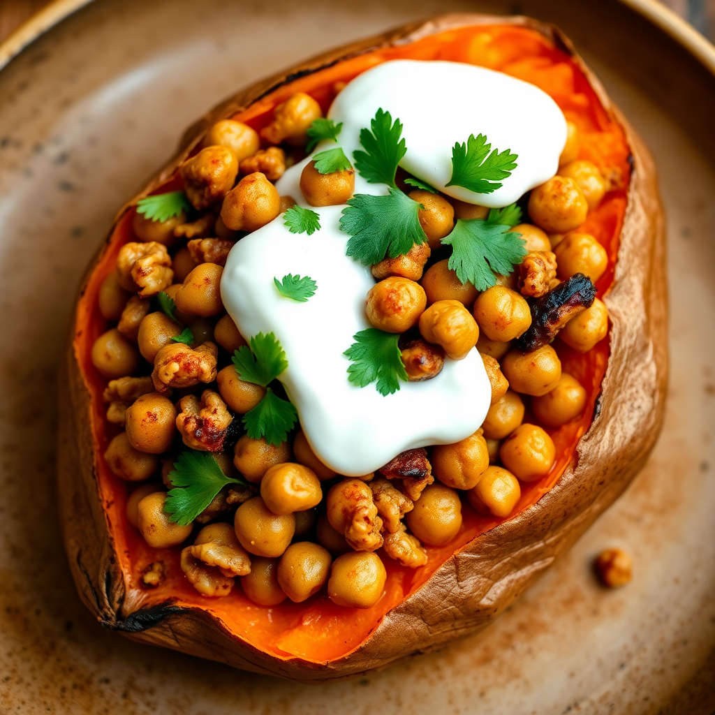 Spiced Walnut and Chickpea Stuffed Sweet Potato