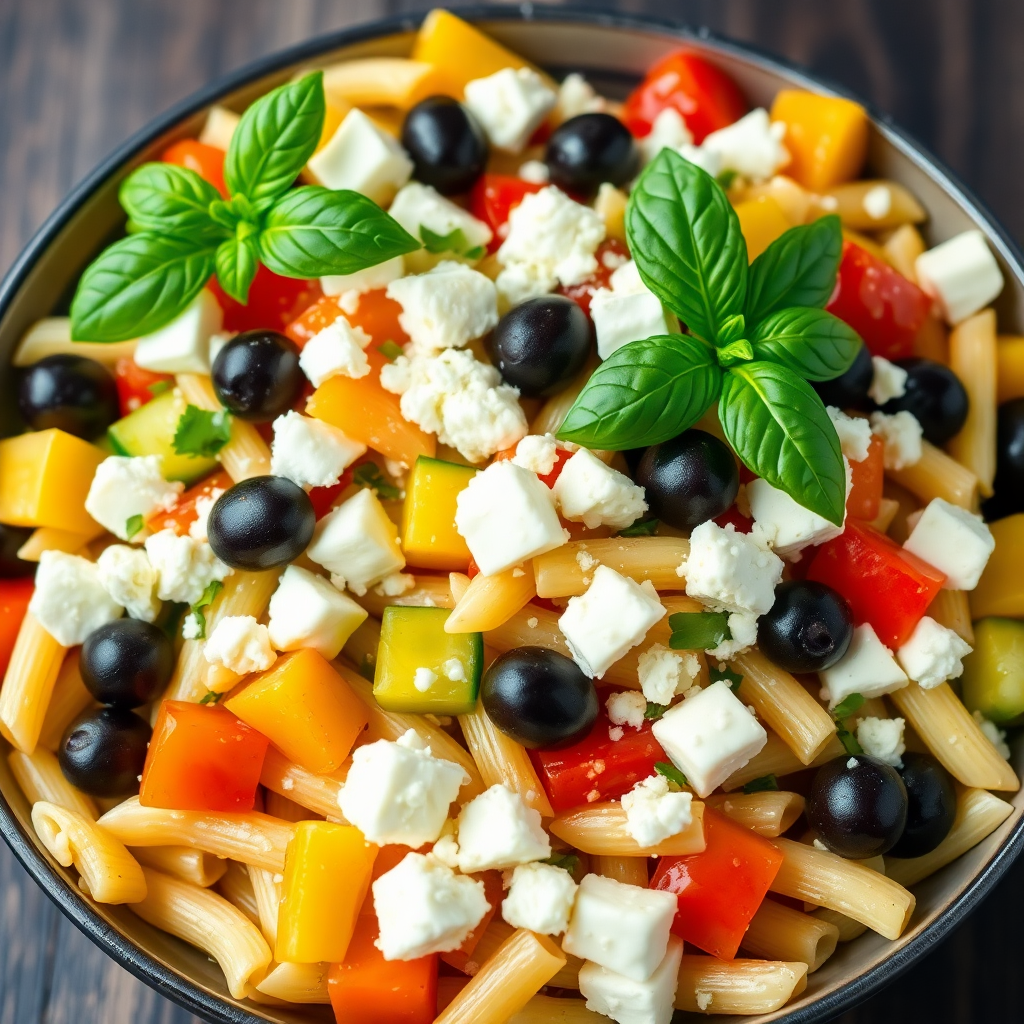 Mediterranean Pasta Salad with Cheese, Cucumbers, Olives, and Peppers