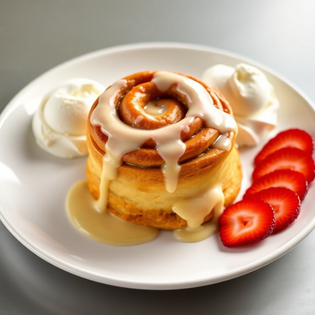 Warm Baked Cinnamon Roll with Vanilla Cream Glaze, Vanilla Ice Cream Quenelles, and Fresh Strawberry Garnish