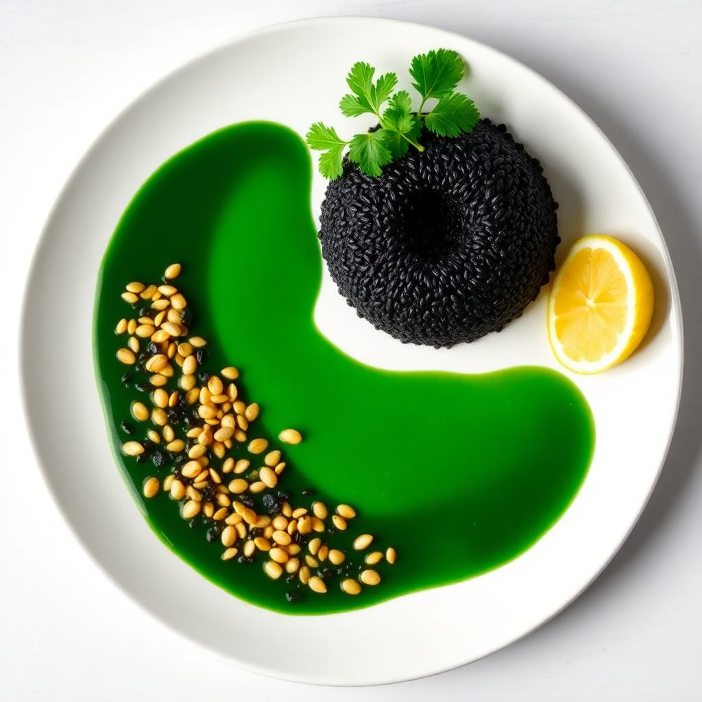 Deconstructed Molokhya with Black Forbidden Rice and Lotus Seeds