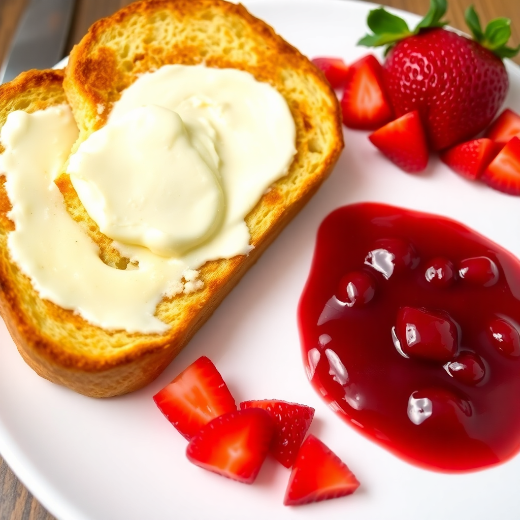 Vanilla Butter French Toast with Red Berry Jelly and Fresh Strawberries