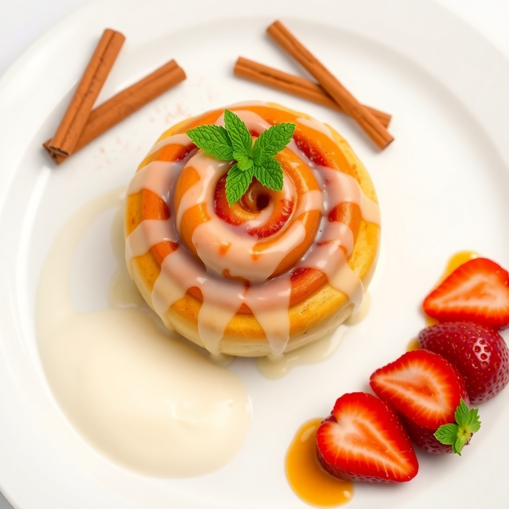 Warm Cinnamon Roll with Glaze, Strawberry Accompaniment, and Vanilla Ice Cream