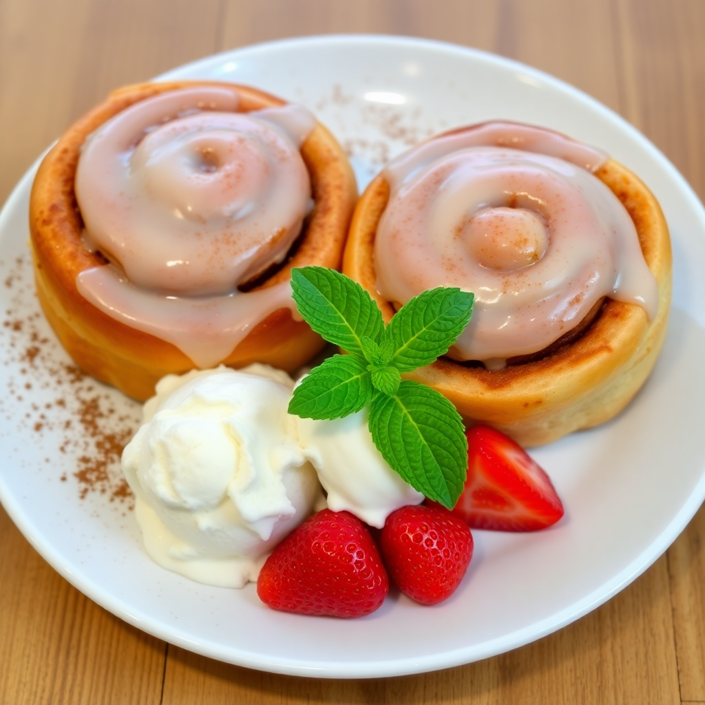 Warm Cinnamon Rolls with Vanilla Glaze, Strawberry Side, and Mint