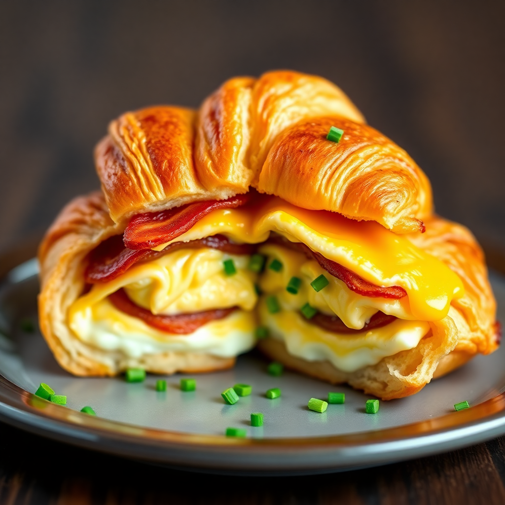 Cheddar Croissant with Scrambled Eggs and Crispy Bacon