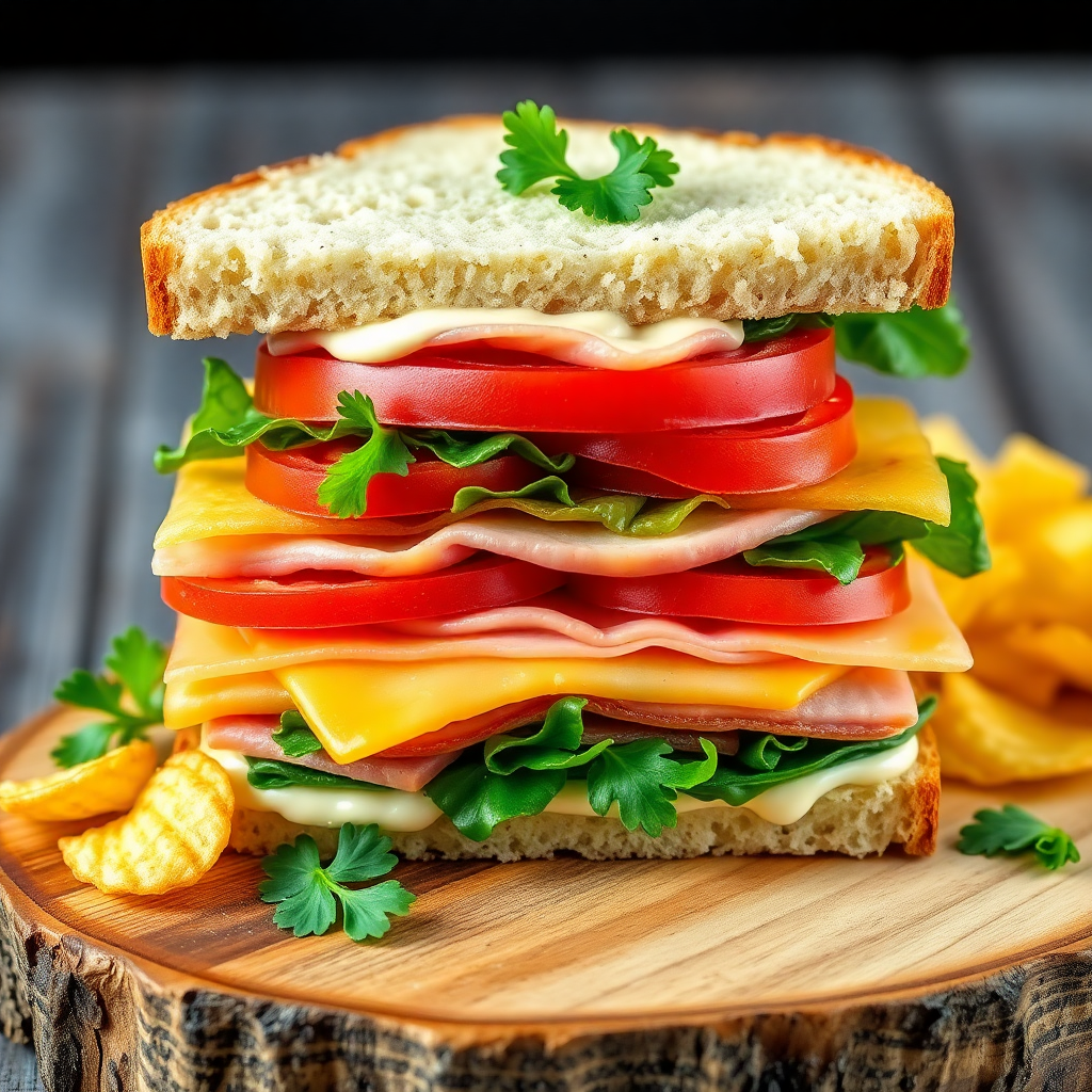 Classic Ham and Cheese Club Sandwich with Herb Mayo and Potato Chips