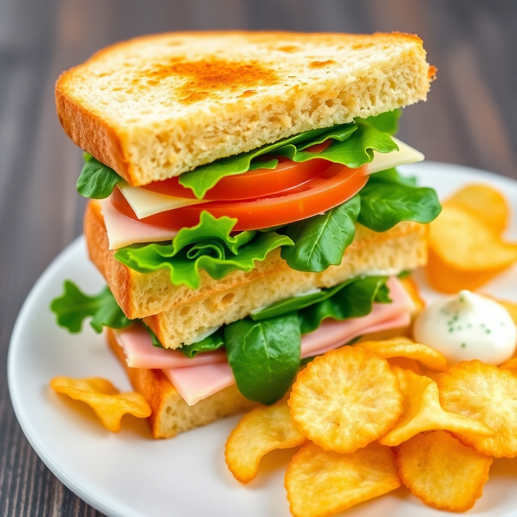 Classic Ham and Cheese Sandwich with Herb Mayo and Chips