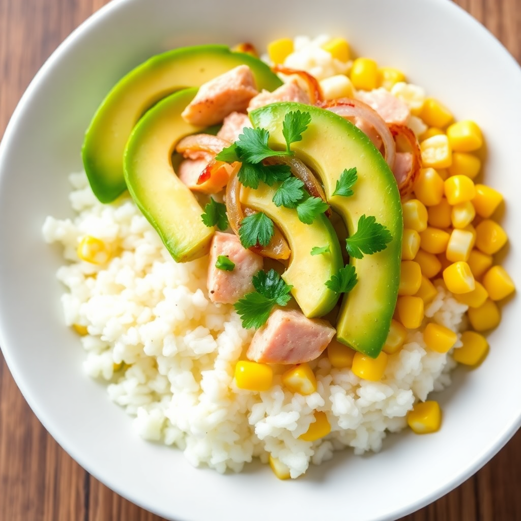 Tuna Avocado Rice Bowl with Corn and Onions