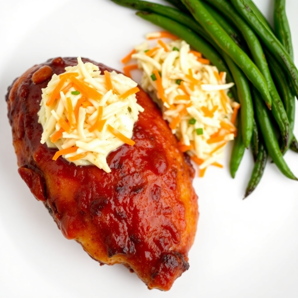 BBQ Chicken Thighs with Creamy Coleslaw and Roasted Green Beans