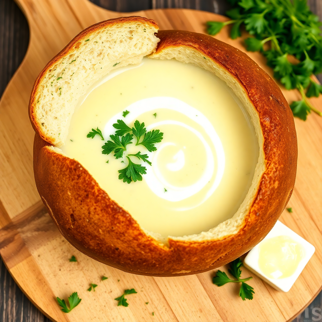 Savory Garlic Herb Bread Bowl Soup