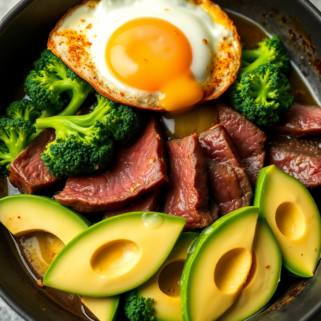 Beef and Broccoli Avocado Skillet with Buttered Eggs