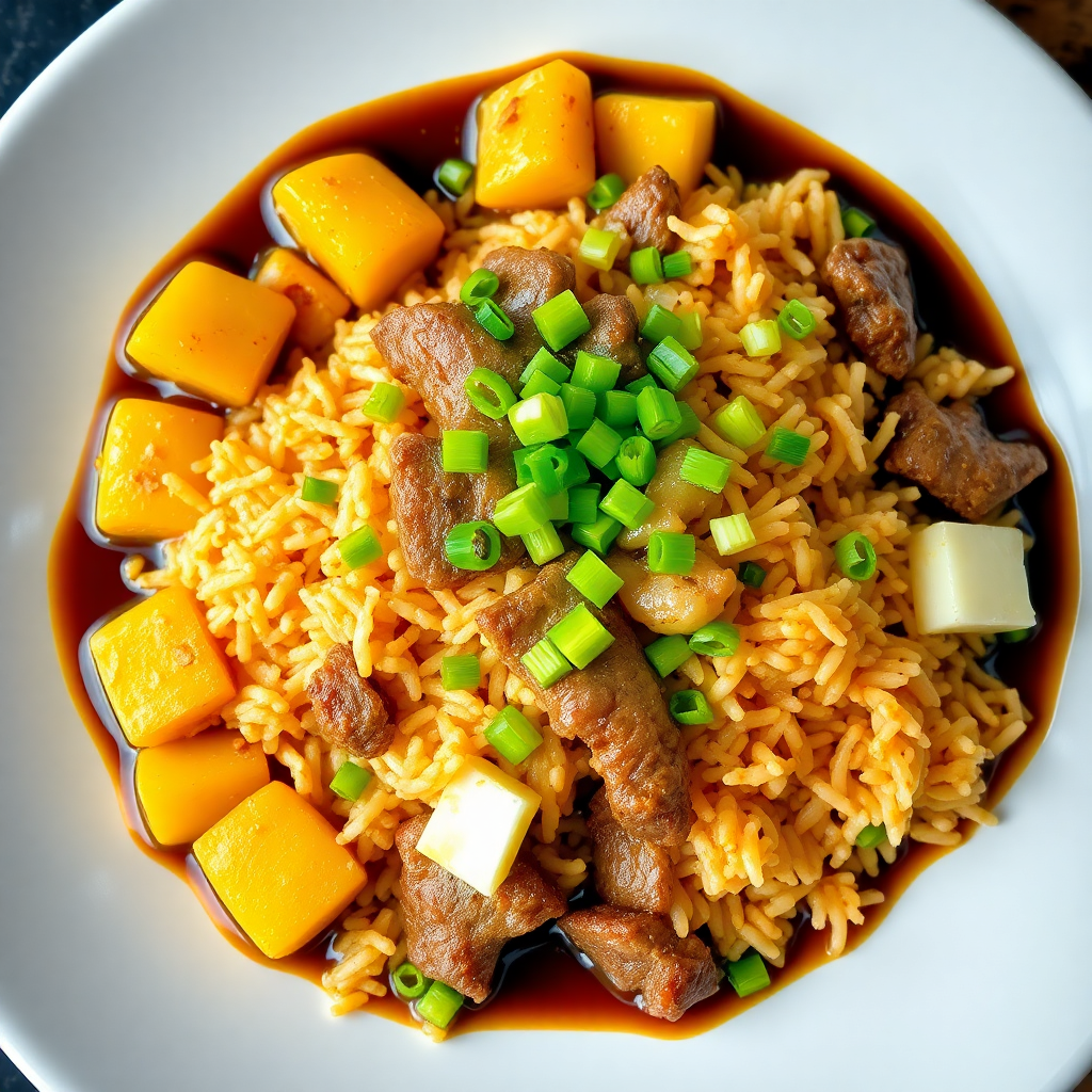 Beef and Egg Fried Rice with Crispy Potato Cubes
