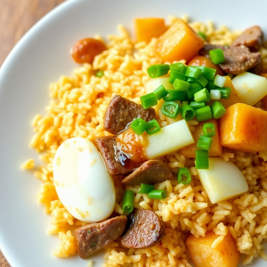 Beef and Egg Fried Rice with Crispy Potato Cubes