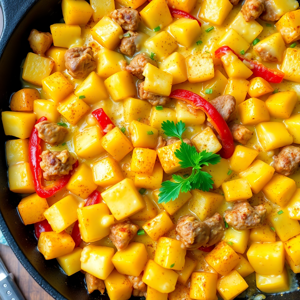 Cheesy Garlic Pork and Pepper Potato Skillet