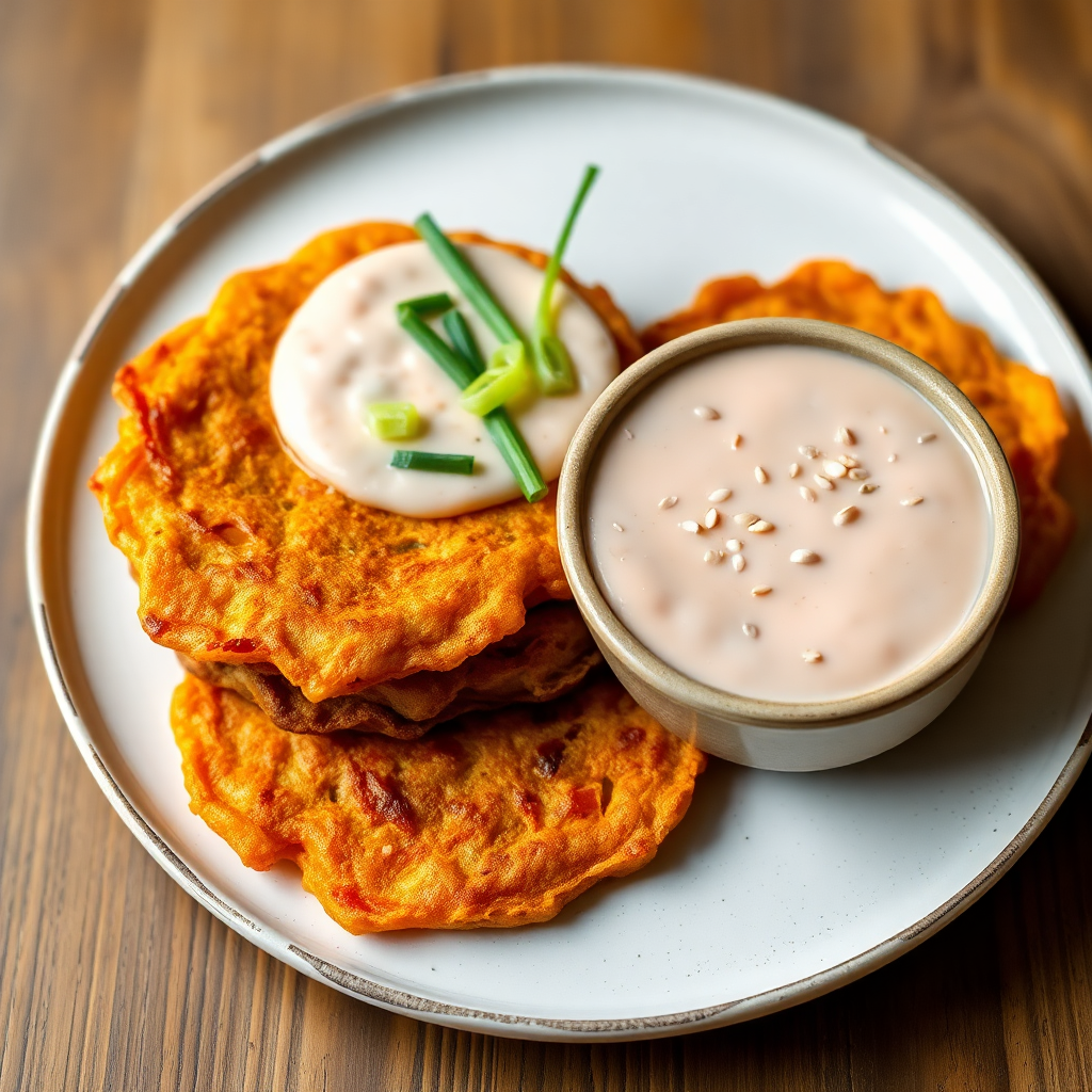 Asian-Style Carrot & Cheese Pancakes with Tangy Dipping Sauce