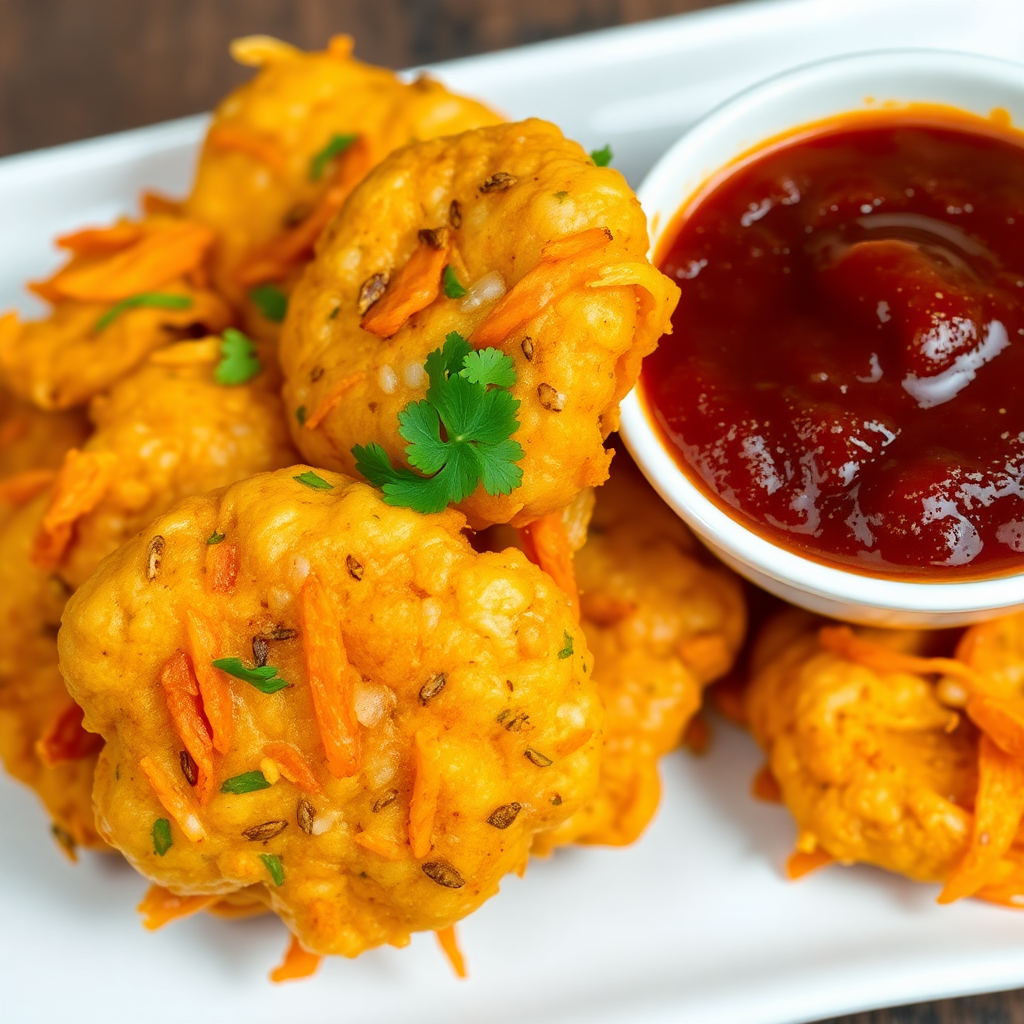 Spiced Carrot and Onion Pakoras with Tamarind Ketchup
