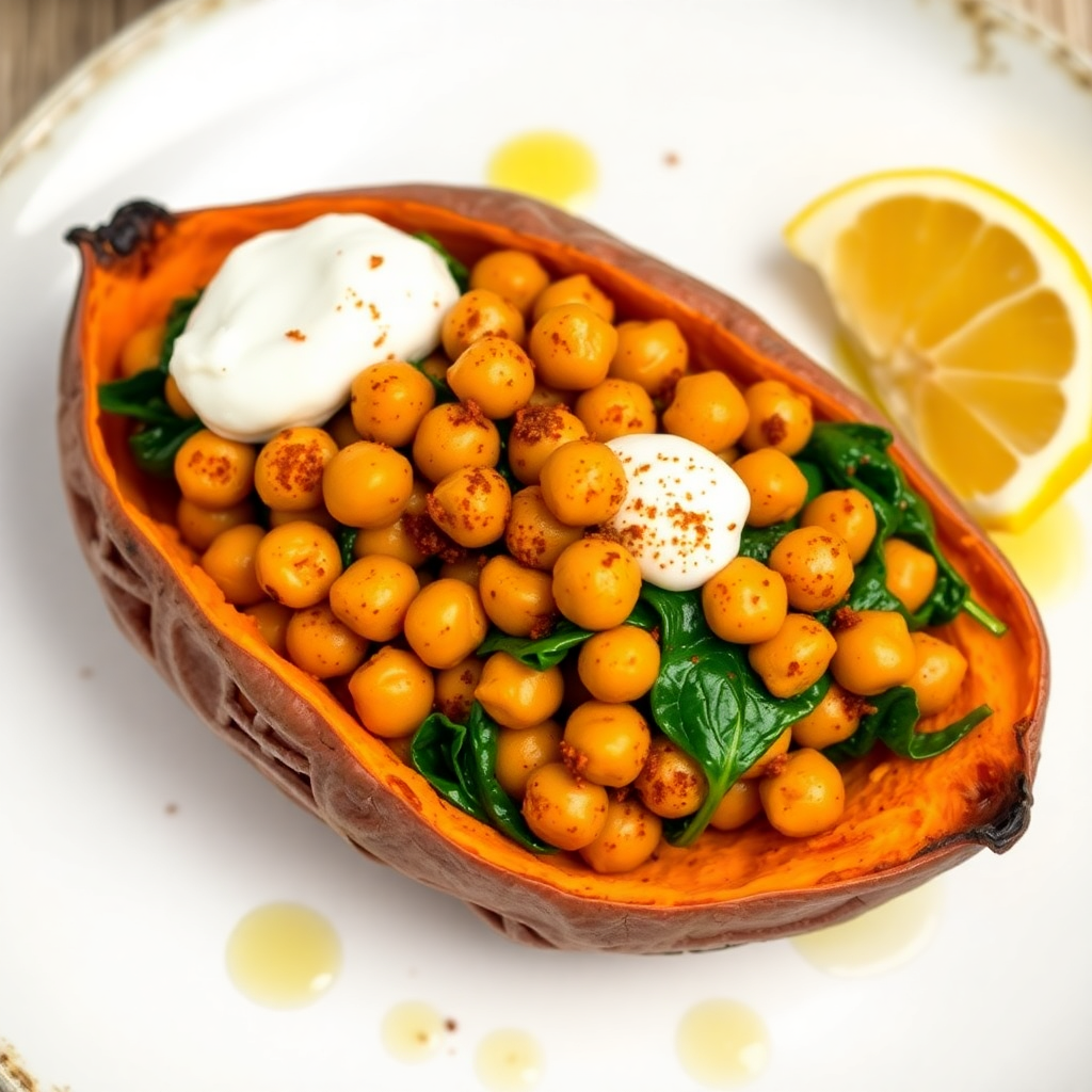 Spiced Chickpea and Spinach Stuffed Sweet Potato