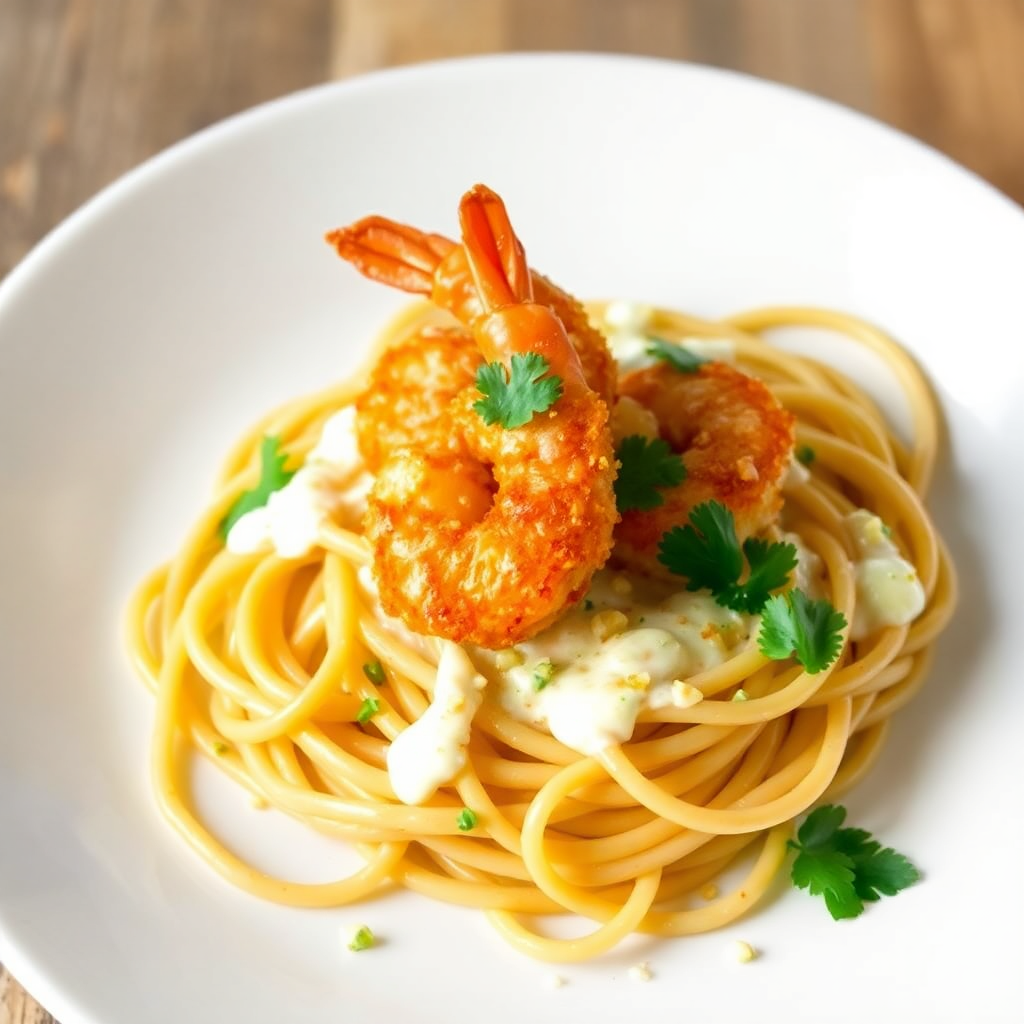 Vietnamese Beer-Battered Shrimp Pasta with Yogurt Egg Sauce