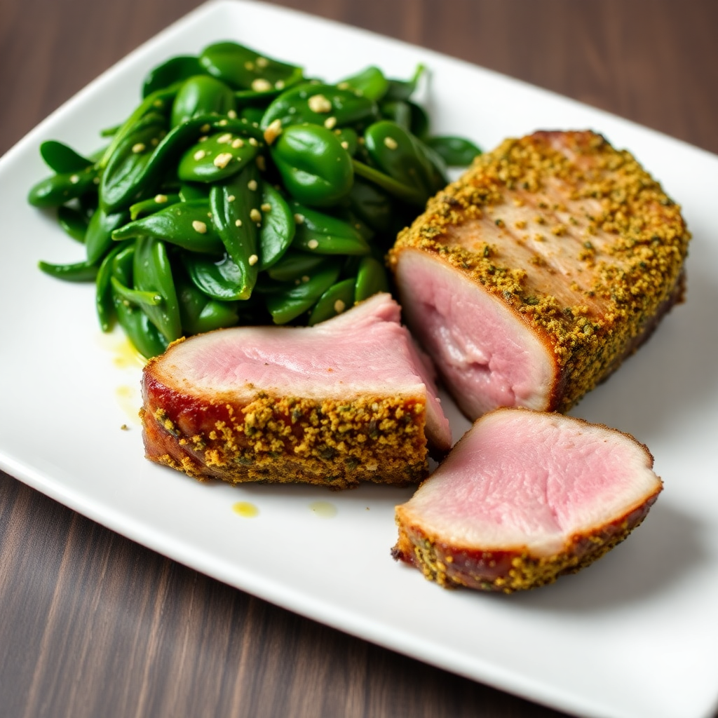 Herb-Crusted Duck Breast with Garlic Spinach