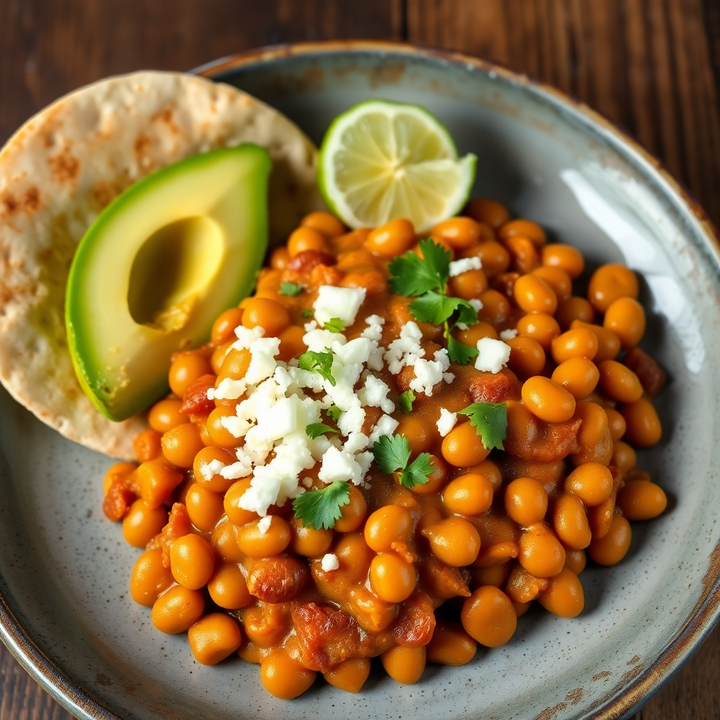 Traditional Fried Beans Breakfast with Semi-Dry Cheese, Corn Tortillas, and Avocado