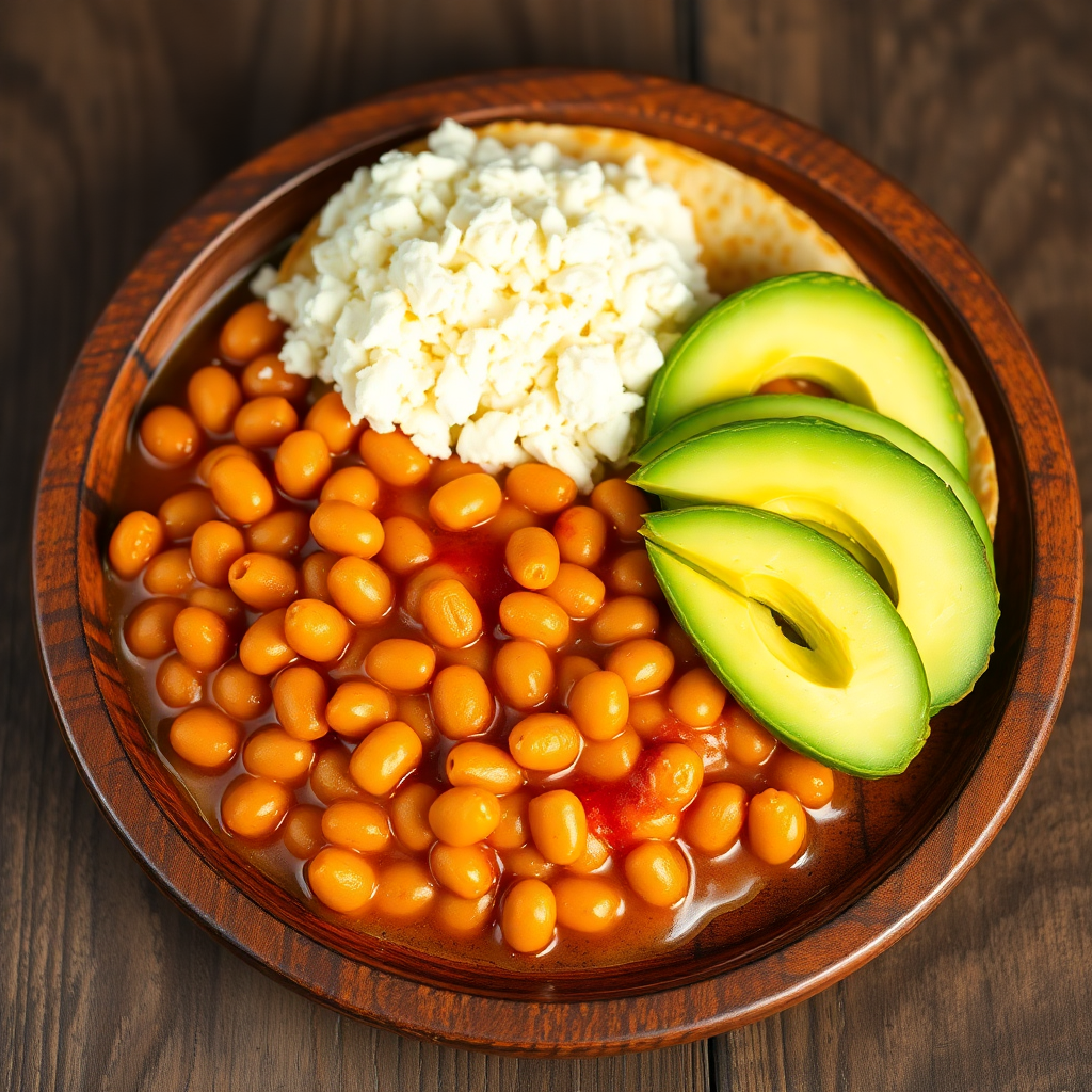 Traditional Mexican Breakfast with Fried Beans, Semi-Dry Cheese, Corn Tortillas, and Avocado