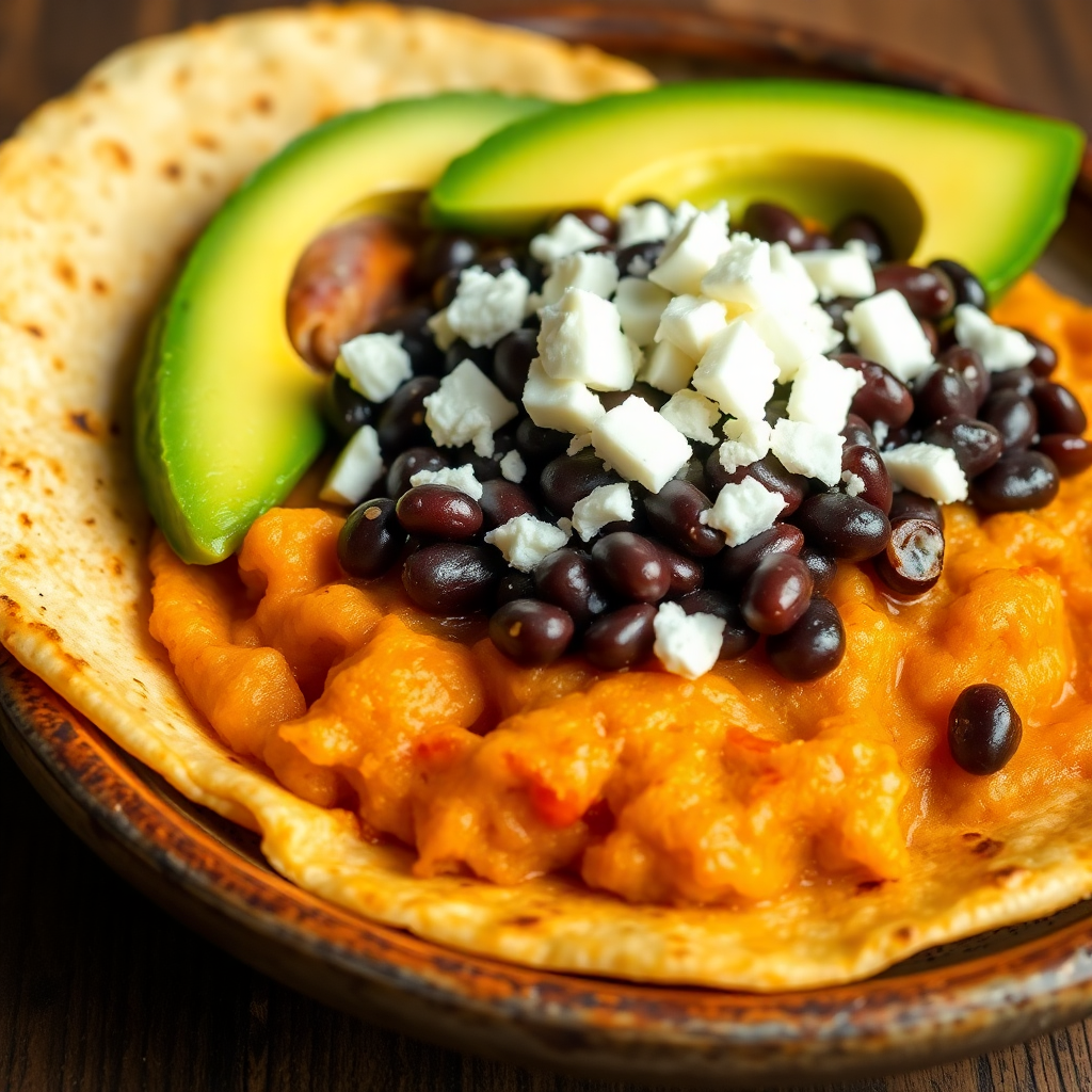 Traditional Fried Black Beans with Semi-Dry Cheese, Corn Tortillas, and Avocado Slice