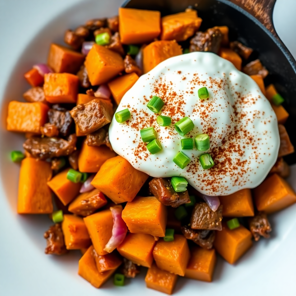 Smoky Pork and Sweet Potato Hash with Spiced Maple Yogurt
