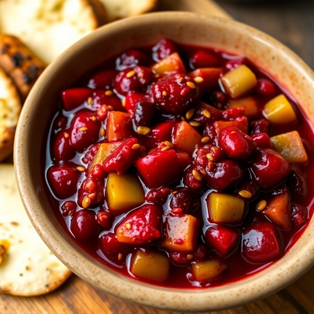 Sweet and Savoury Green Plum Chutney with Cranberries and Spices