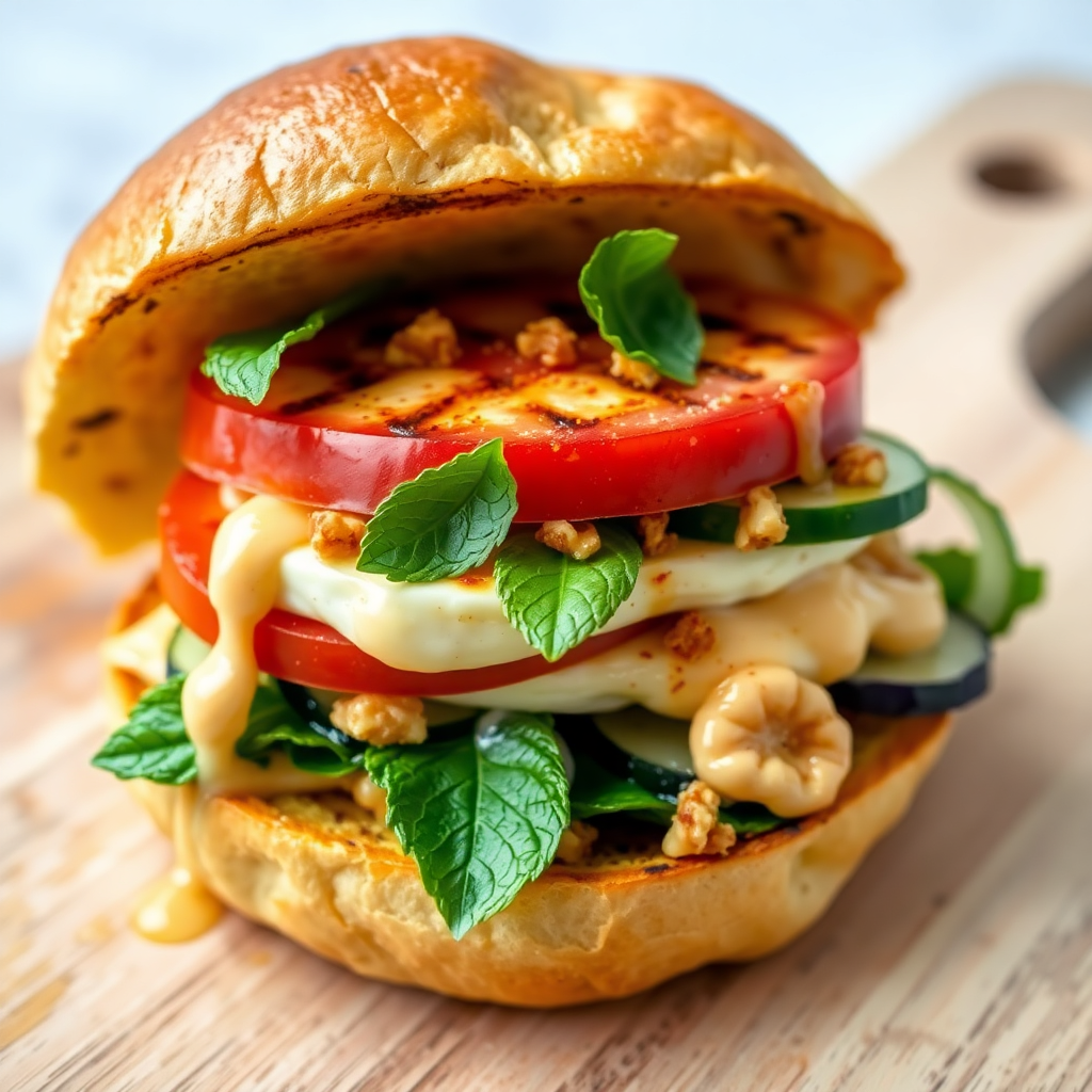 Grilled Brioche Halloumi Sandwich with Mint, Tomato & Chilli Mayo