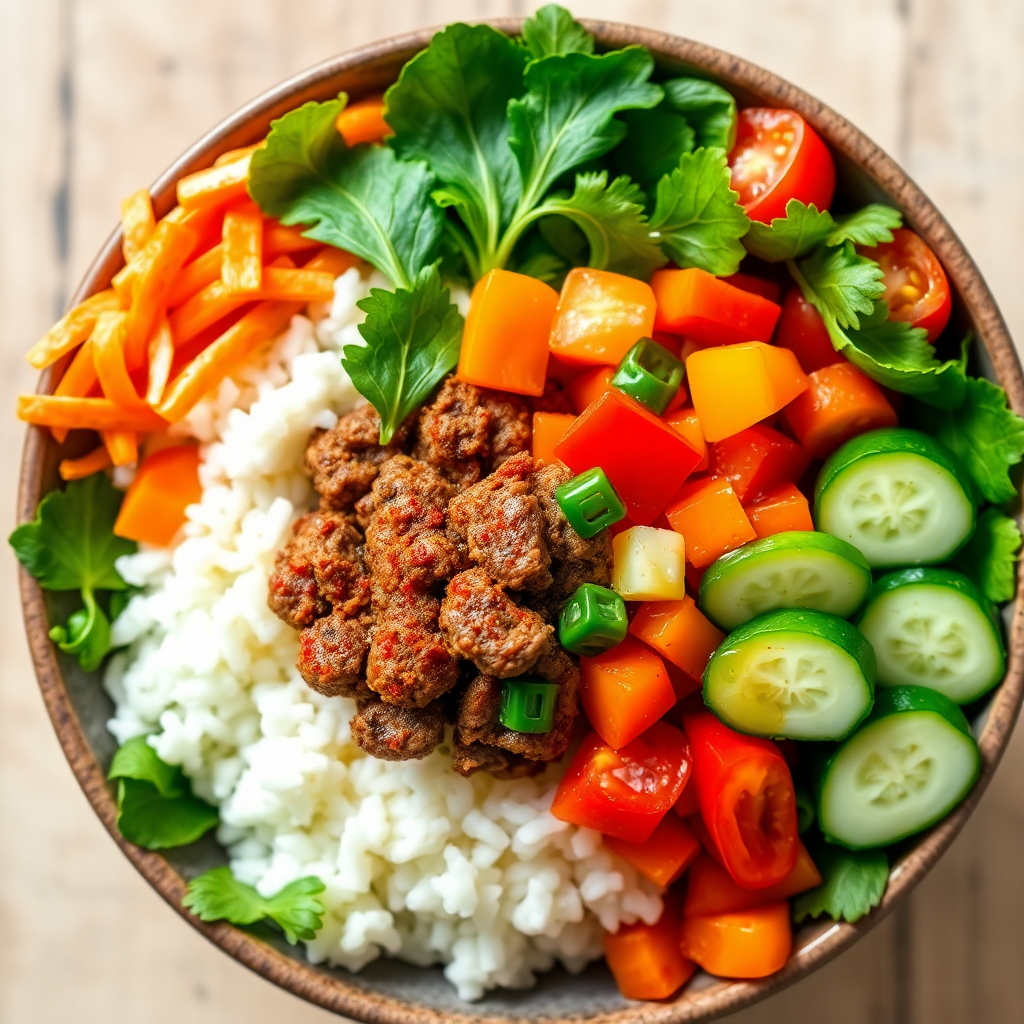 Beef Mince Burrito Bowl with Rocket and Veggies