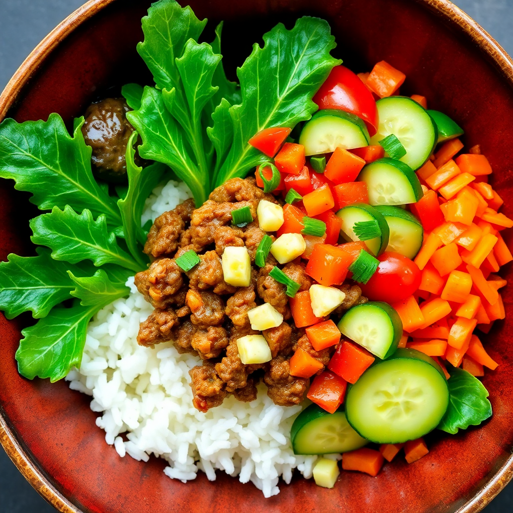 Beef Mince Burrito Bowl with Rocket and Vegetables