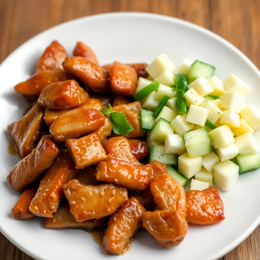 Garlic Beef and Chicken Stir-Fry with Cucumber Egg Salad