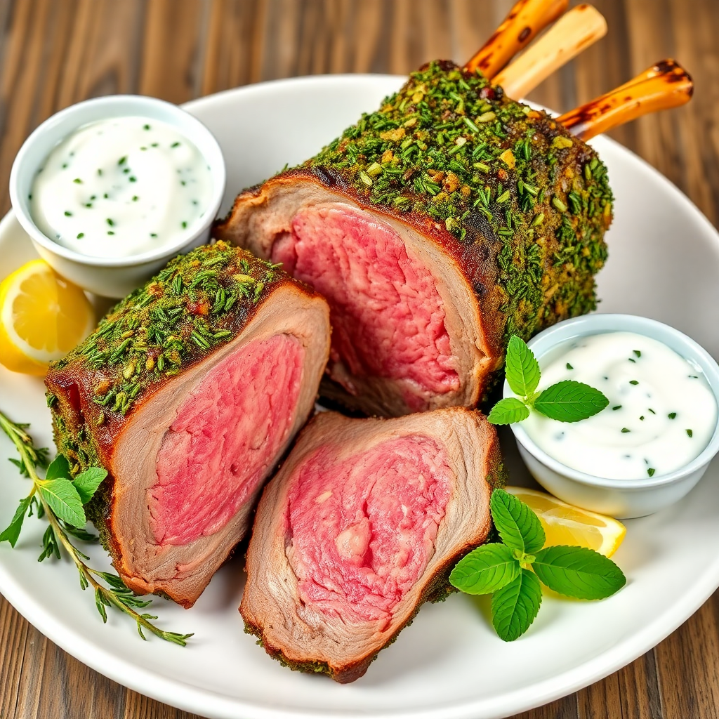 Herb-Crusted Rack of Lamb with Mint Yogurt Sauce