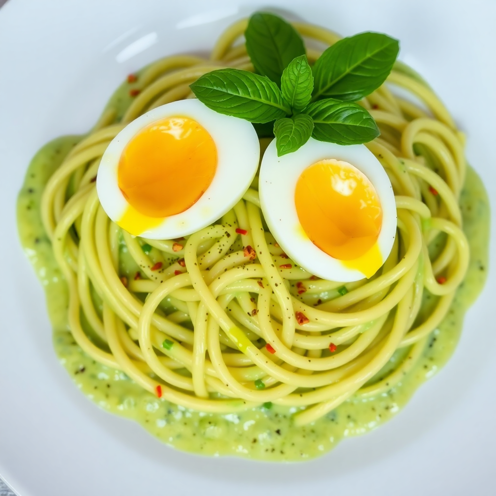 Creamy Avocado Pasta with Soft-Boiled Eggs