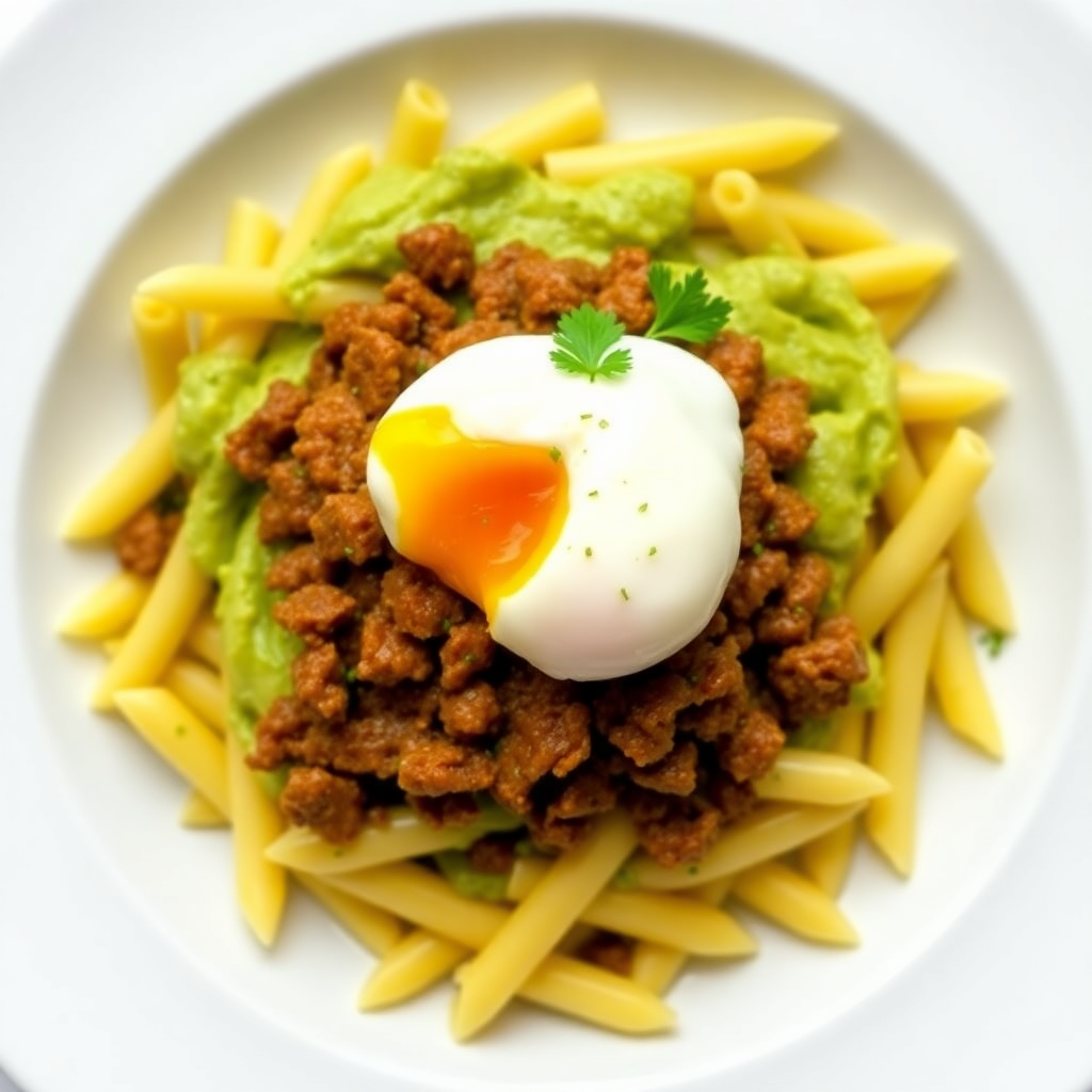 Creamy Avocado Mince Pasta with Poached Egg