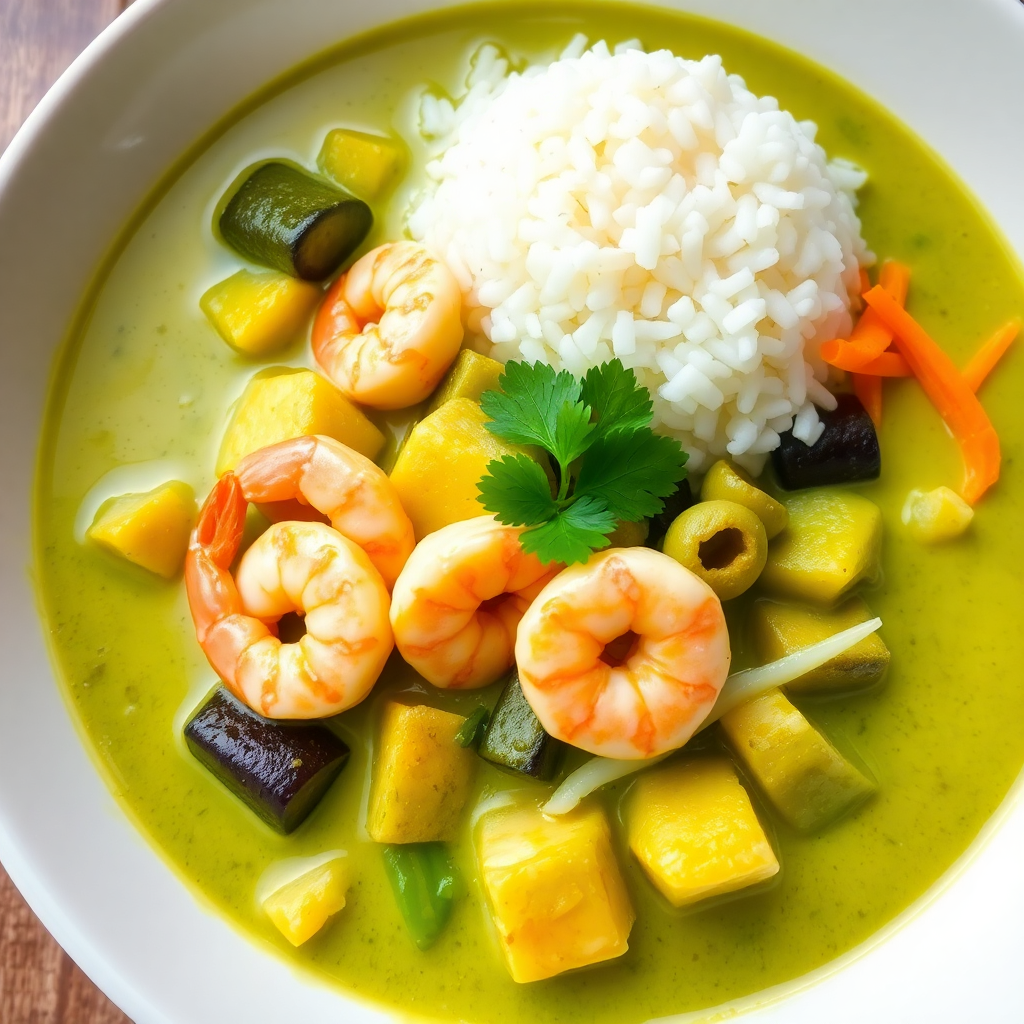 Green Pumpkin and Shrimp Curry with Aubergine and Cabbage