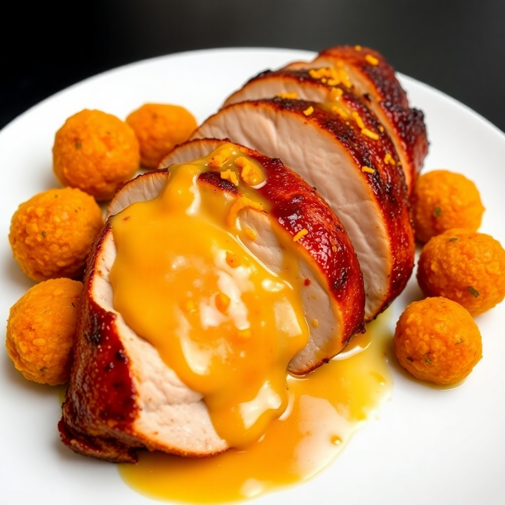 Pork Tenderloin with Creamy Habanero Mandarin Sauce and Fried Carrot Dill Balls