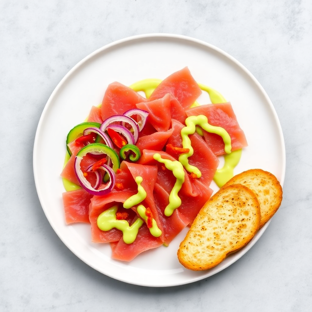 Tiradito de Tuna Cured and Smoked with Wasabi-Yuzu Soy Mayonnaise