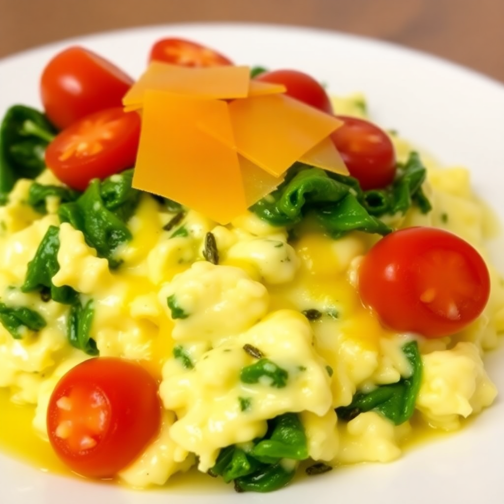 Cheesy Spinach and Tomato Scrambled Eggs