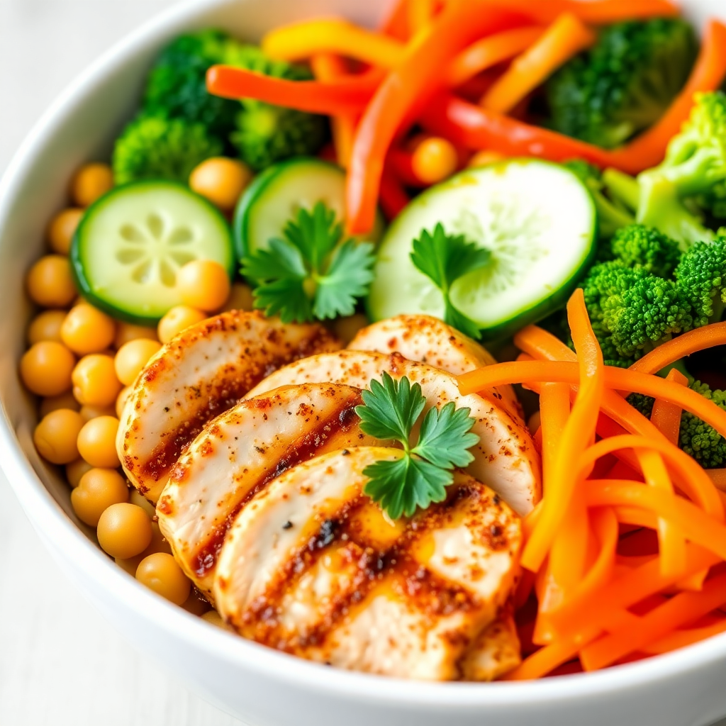 Chickpea and Veggie Power Bowl with Grilled Chicken