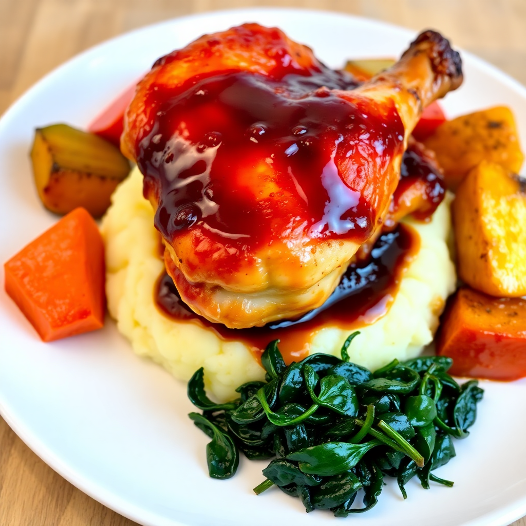 Sticky Sweet Baked Chicken Thigh with Potato Mash, Roast Vegetables, and Sautéed Greens