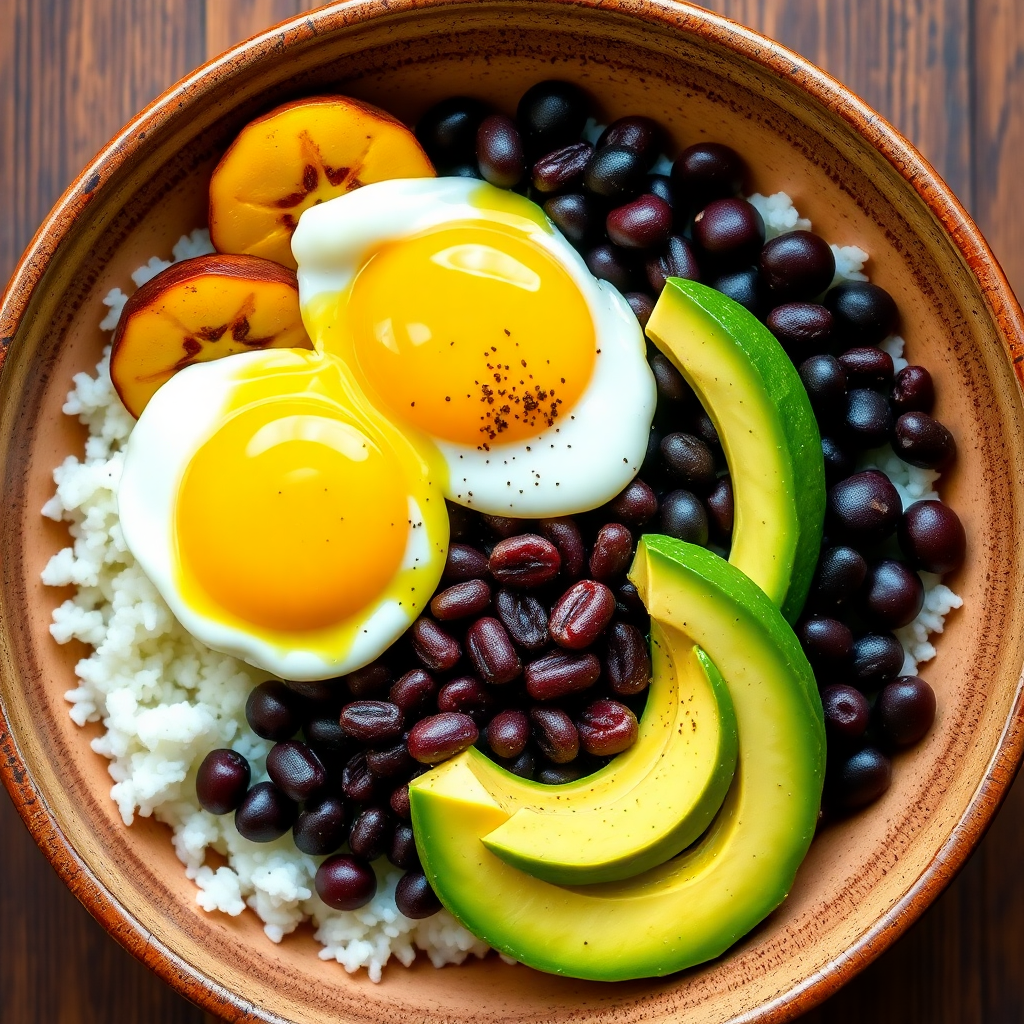 Plantain and Black Bean Breakfast Bowl with Avocado and Eggs