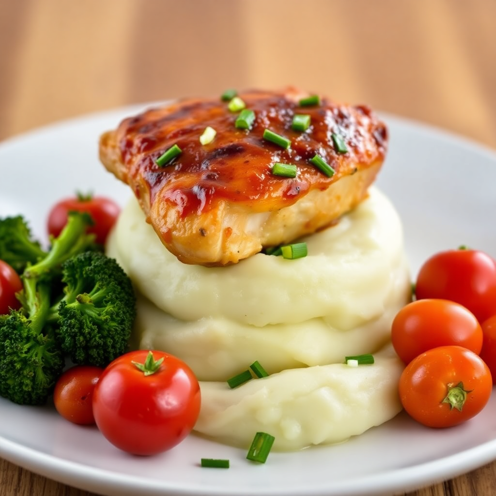 Sticky Sweet Chicken Thigh on Chive Potato Mash with Roasted Tomato and Broccolini