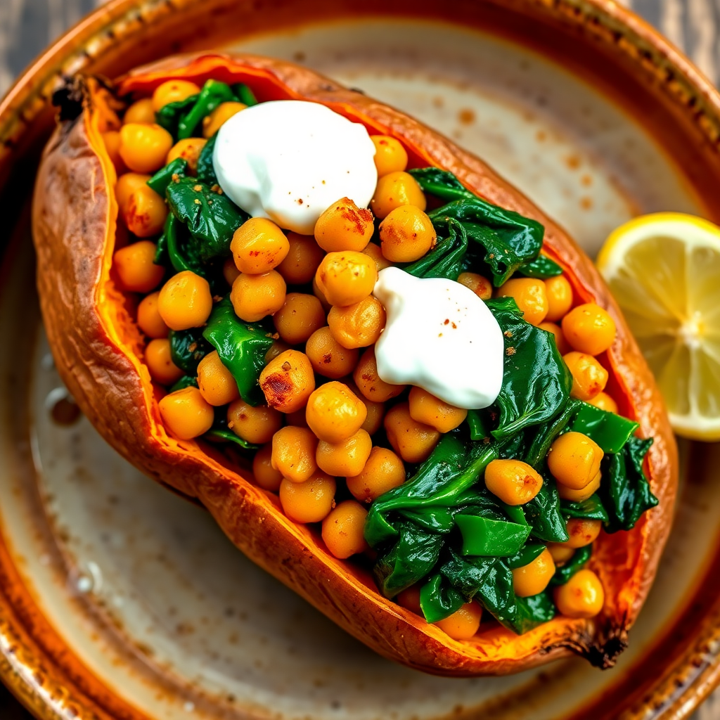 Spiced Chickpea and Spinach Stuffed Sweet Potato