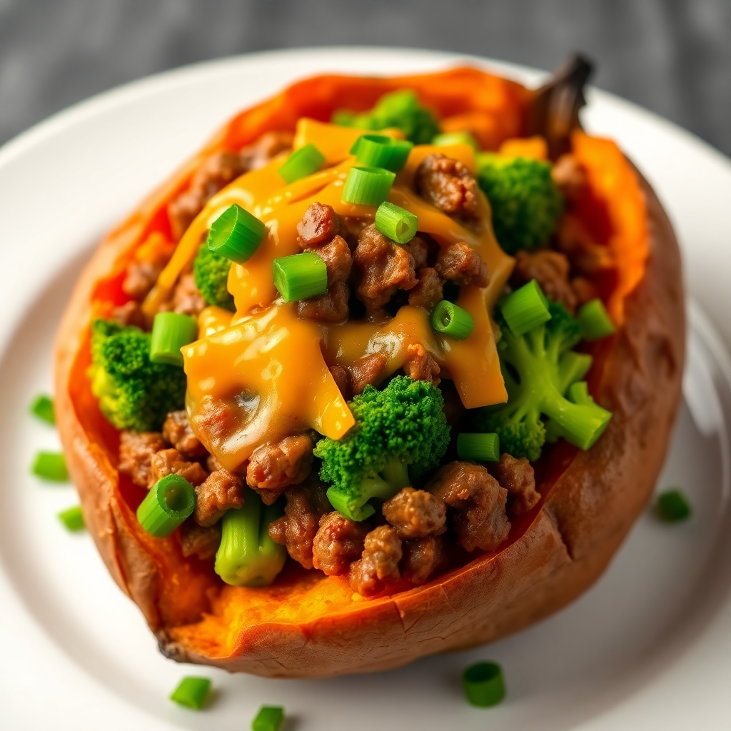 Loaded Roasted Sweet Potato with Ground Beef and Broccoli