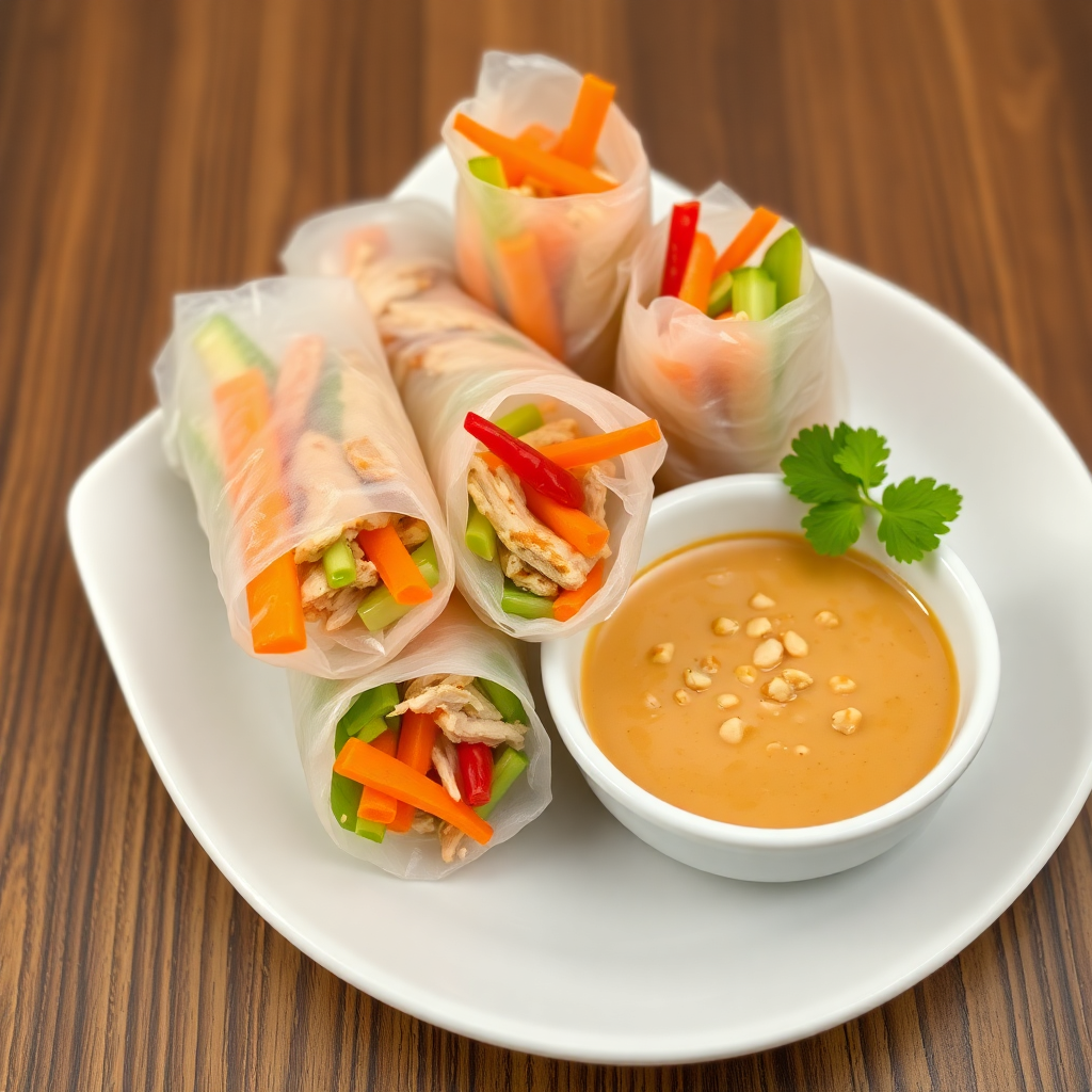 Chicken Summer Rolls with Spicy Peanut Satay Sauce