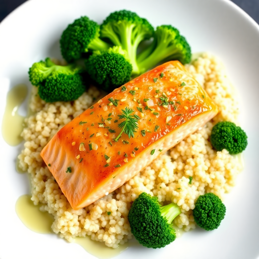 Herbed Lemon Garlic Salmon with Quinoa and Steamed Broccoli