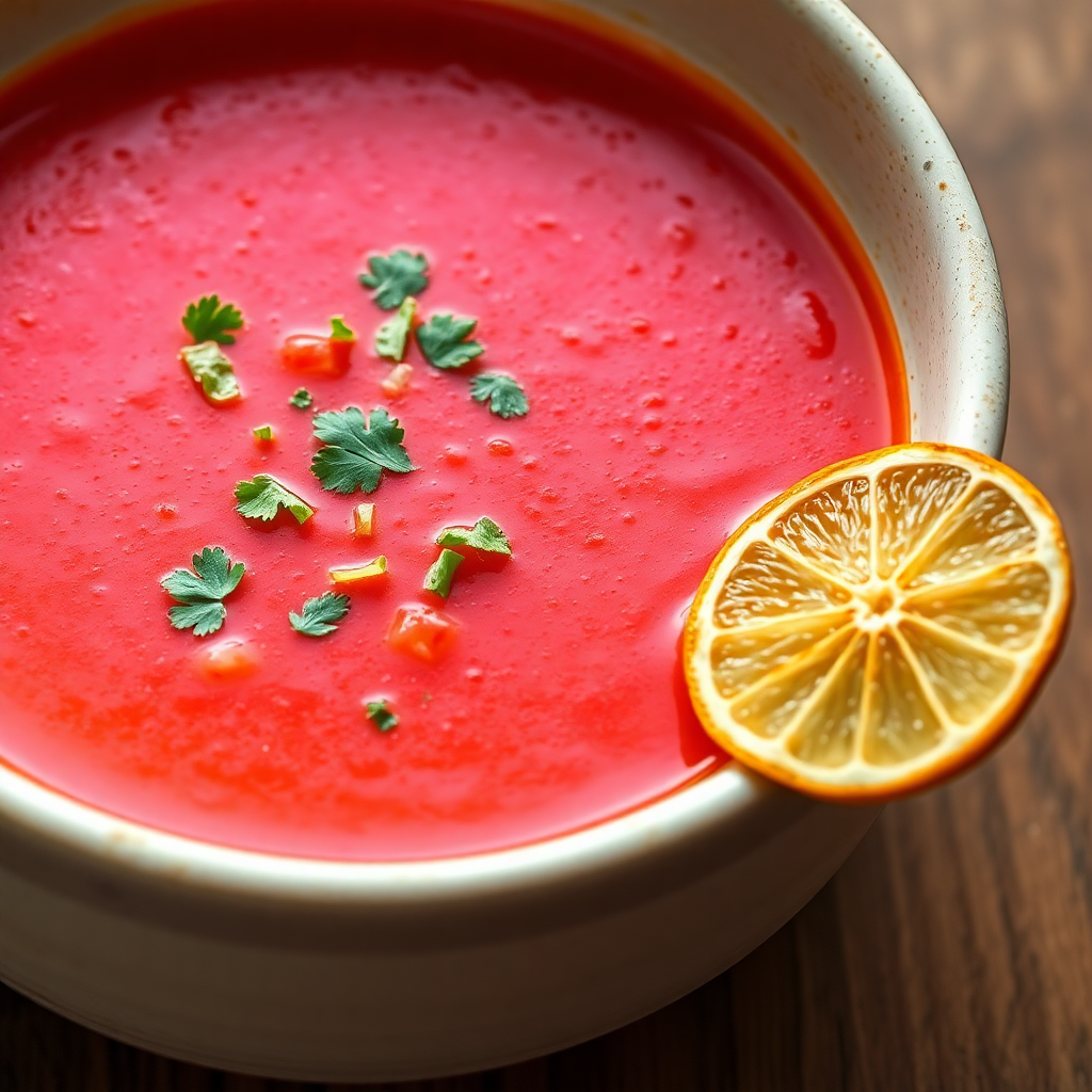 Fresh Coriander and Tomato Soup with Dried Lemon