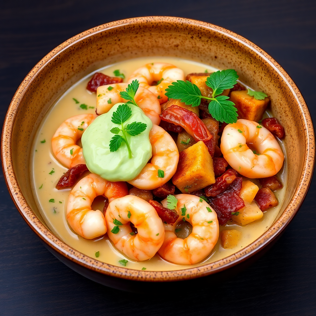 Shrimp and Bacon Ragout with Creamy Herb Garnish